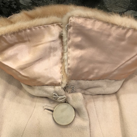 Vintage Cashmere Mink Fur Collar Pockets Coat Jacket Beige Size Large - Picture 13 of 16